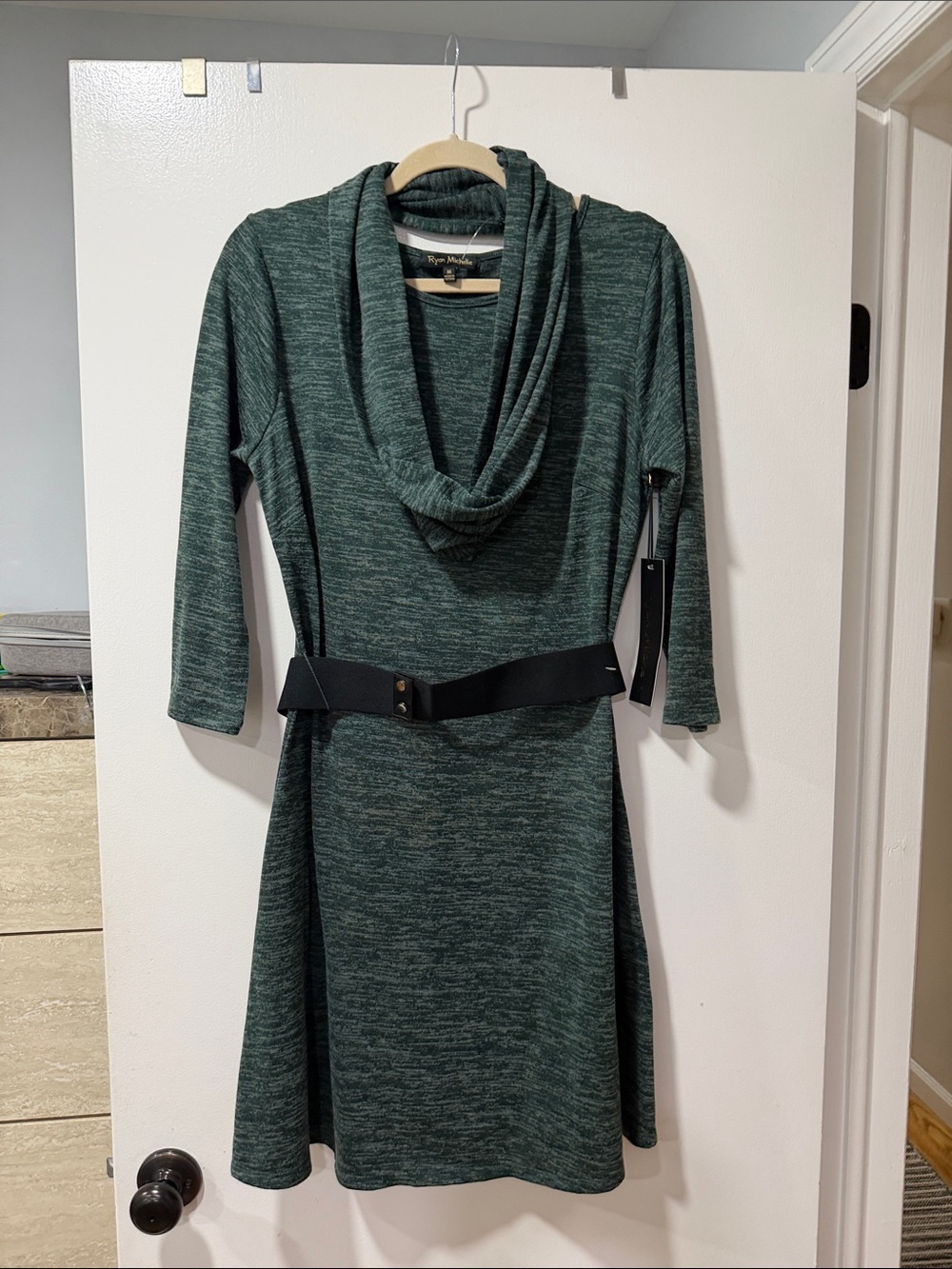 Cowl Neck Long Sleeve Knit Dress in Dark Green with Waist Belt